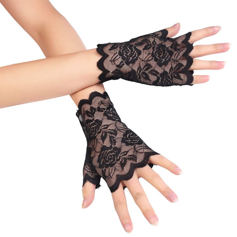 Beelittle 80s Costume Accessories Fishnet/Lace Gloves Headband Earrings Necklace Bracelet for 80s Party Halloween Madonna Outfit Accessories for Women (Black 3) - Image 3